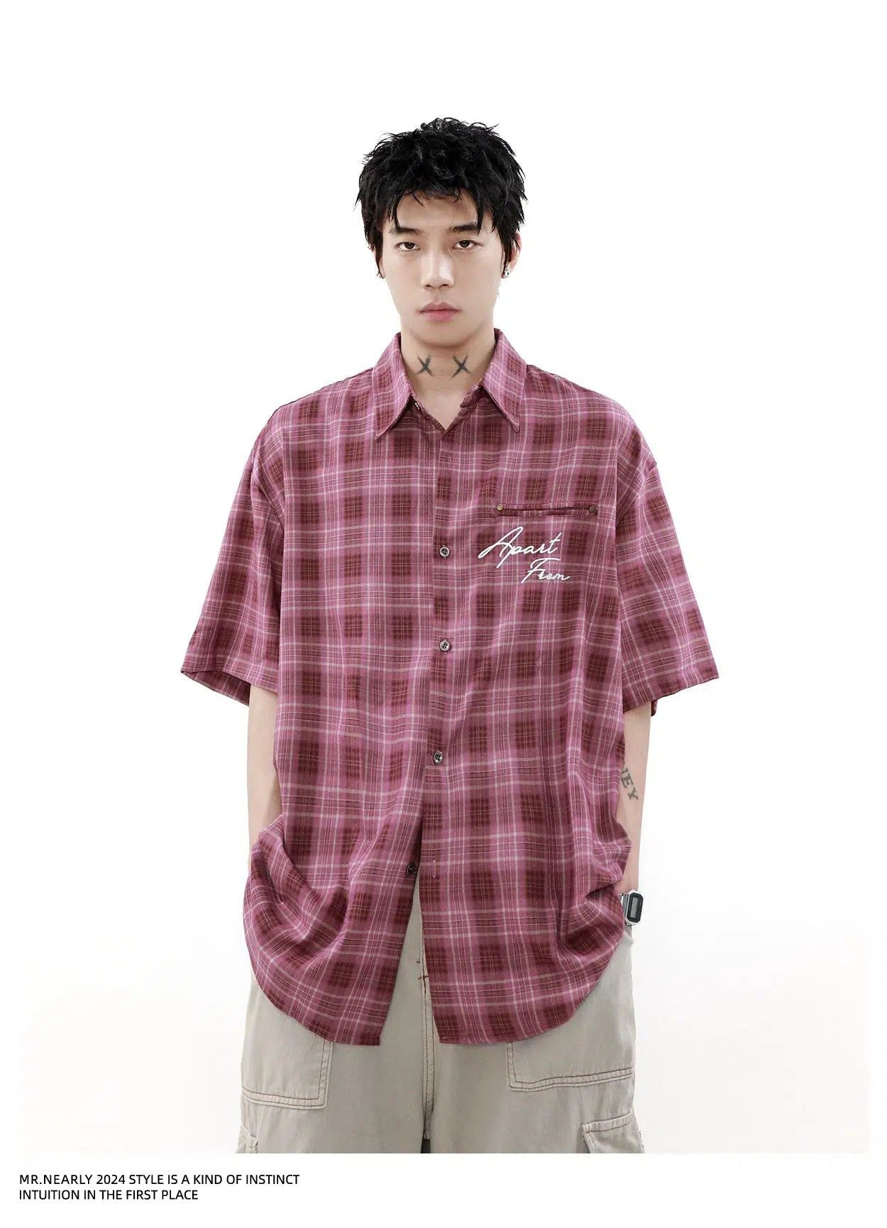 Plaid Lettered Short Sleeve Shirt Korean Street Fashion Shirt By Mr Nearly Shop Online at OH Vault