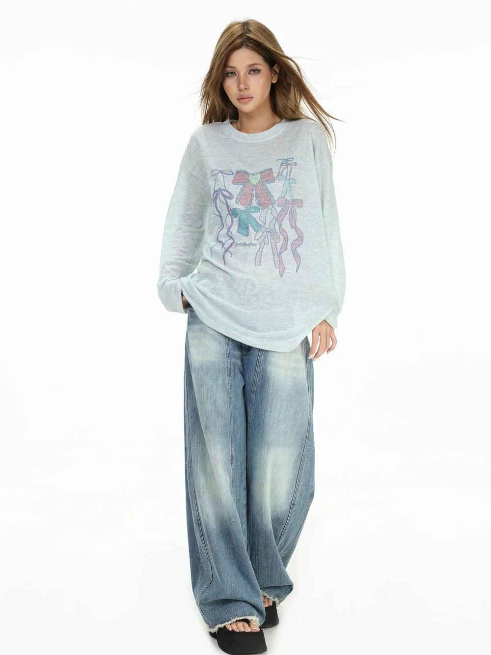 Colored Bow Graphic Textured T-Shirt Korean Street Fashion T-Shirt By INS Korea Shop Online at OH Vault