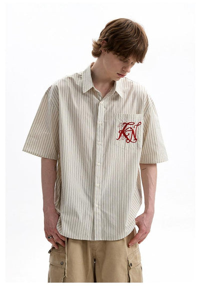 Embroidered Pocket Striped Shirt Korean Street Fashion Shirt By A PUEE Shop Online at OH Vault
