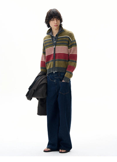 Stand Collar Striped Knit Jacket Korean Street Fashion Jacket By 77Flight Shop Online at OH Vault