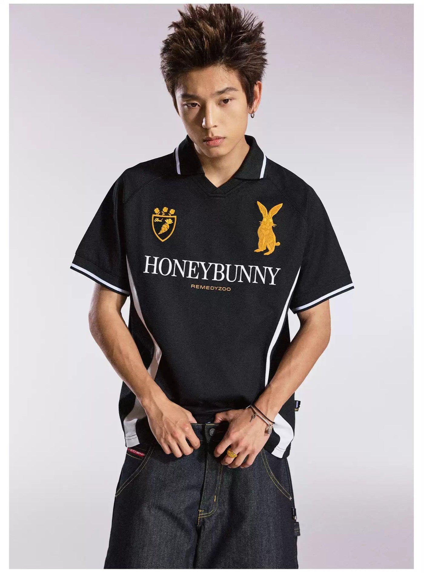Embroidered Logo Print V-Neck Polo Korean Street Fashion Polo By Remedy Shop Online at OH Vault