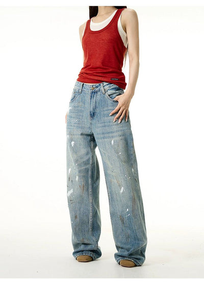 Paint Splatter Washed Jeans Korean Street Fashion Jeans By 77Flight Shop Online at OH Vault