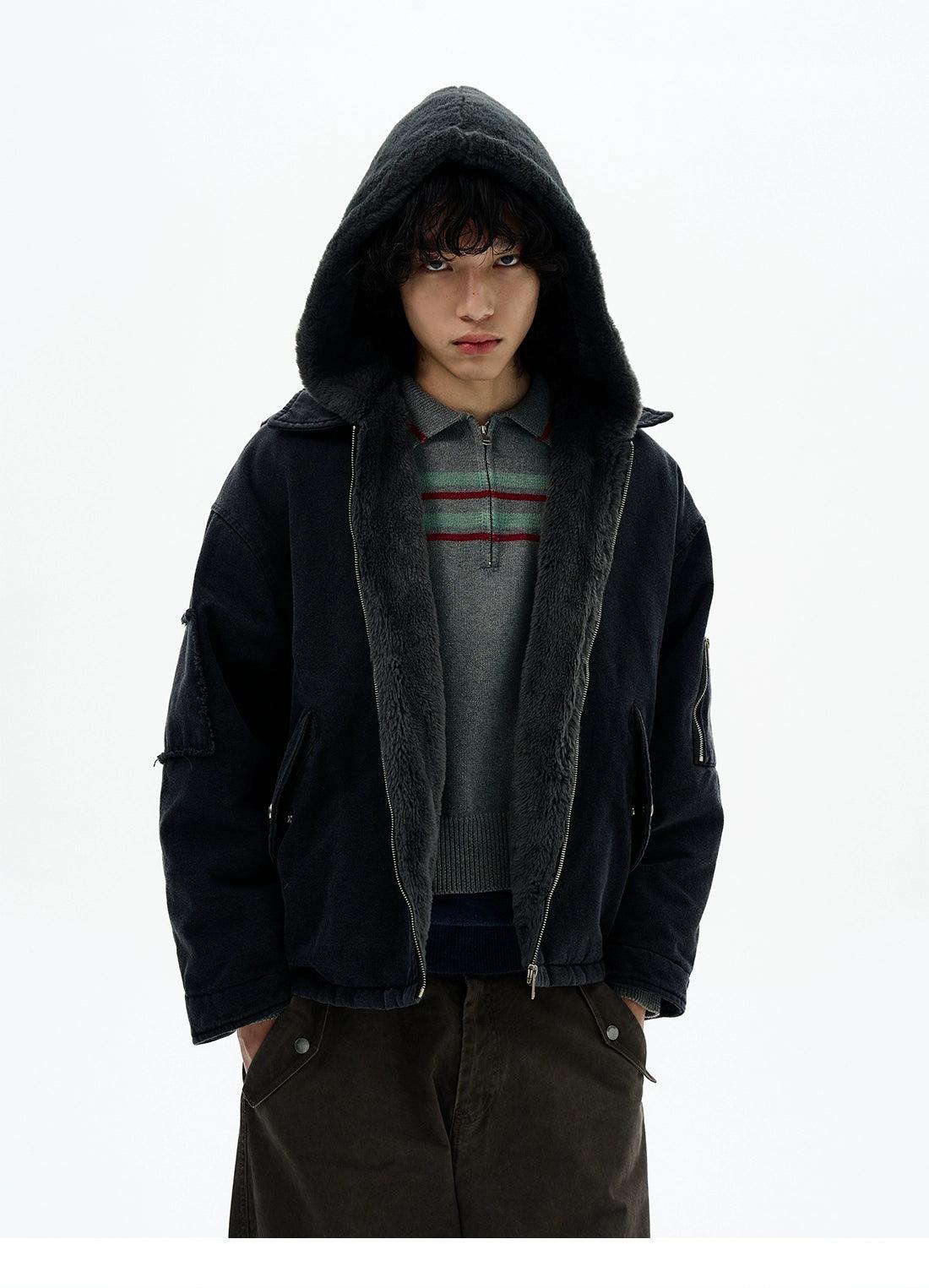 Fuzzy Multi-Pocket Zip-Up Hoodie Korean Street Fashion Hoodie By 77Flight Shop Online at OH Vault