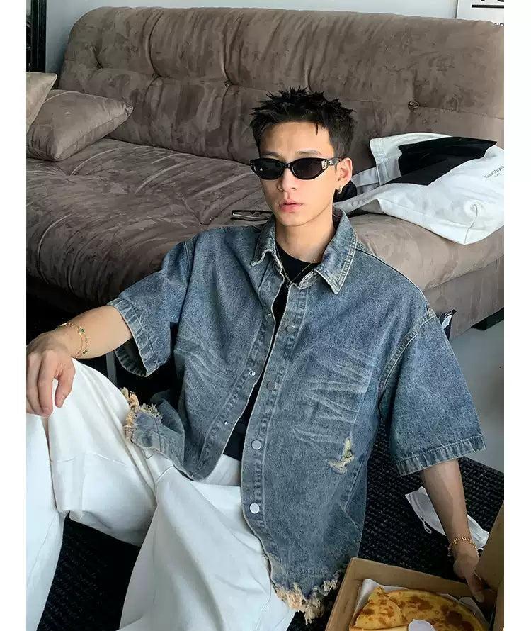 Tassel Ripped Layer Faded Denim Shirt Korean Street Fashion Shirt By Poikilotherm Shop Online at OH Vault