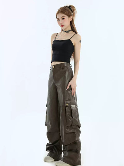 Wide Pocket PU Leather Cargo Pants Korean Street Fashion Pants By INS Korea Shop Online at OH Vault