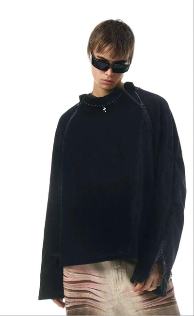 Textured Multiple Zippers Crewneck Korean Street Fashion Crewneck By JHYQ Shop Online at OH Vault