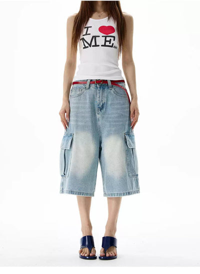 Faded Highlight Denim Shorts Korean Street Fashion Shorts By 77Flight Shop Online at OH Vault