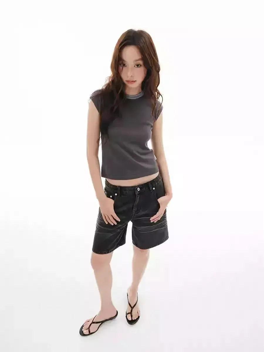 Contrast Collar Cropped Knit T-Shirt Korean Street Fashion T-Shirt By Funky Fun Shop Online at OH Vault