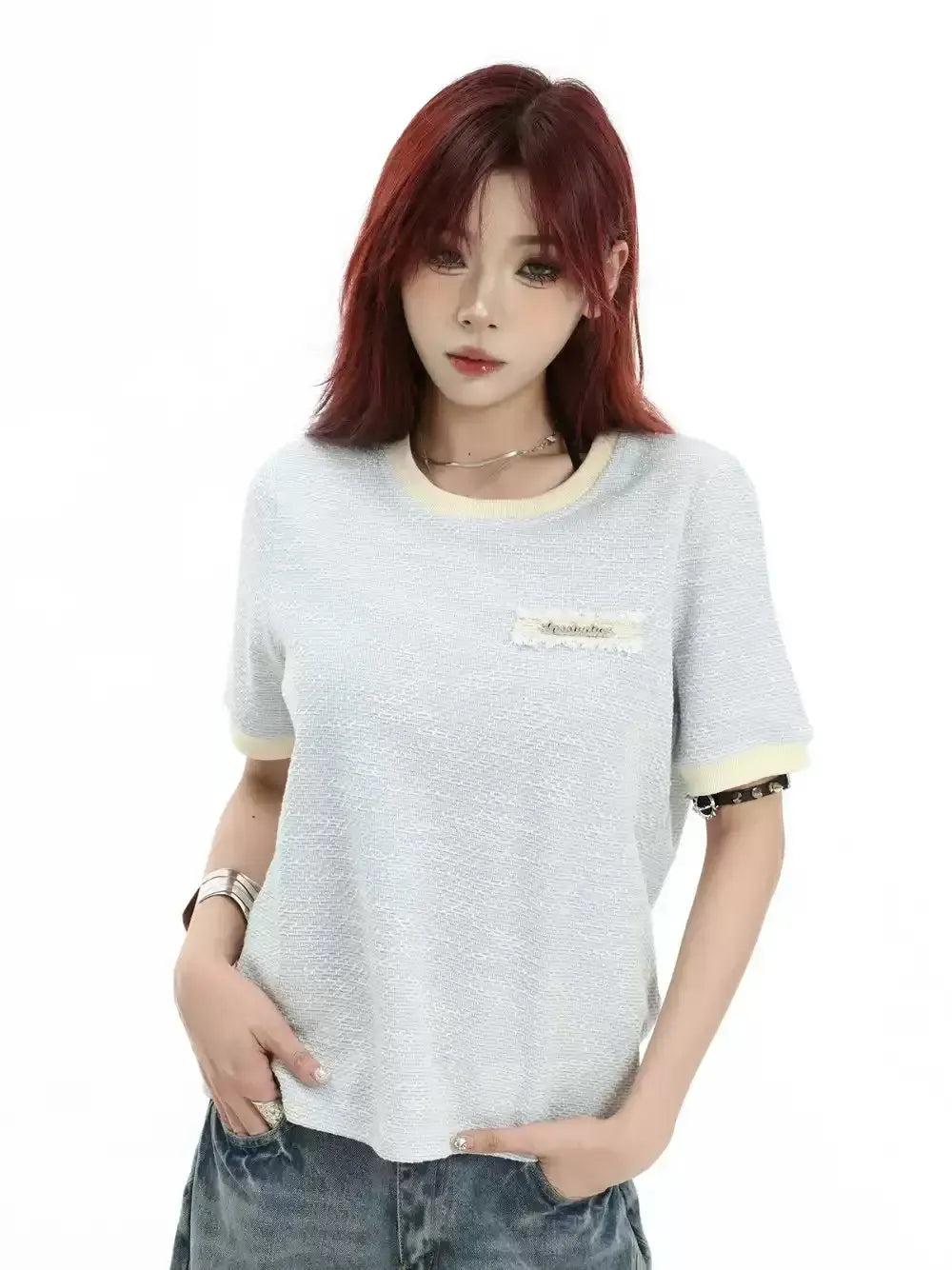 Metallic Logo Tweed Round Neck T-Shirt Korean Street Fashion T-Shirt By INS Korea Shop Online at OH Vault