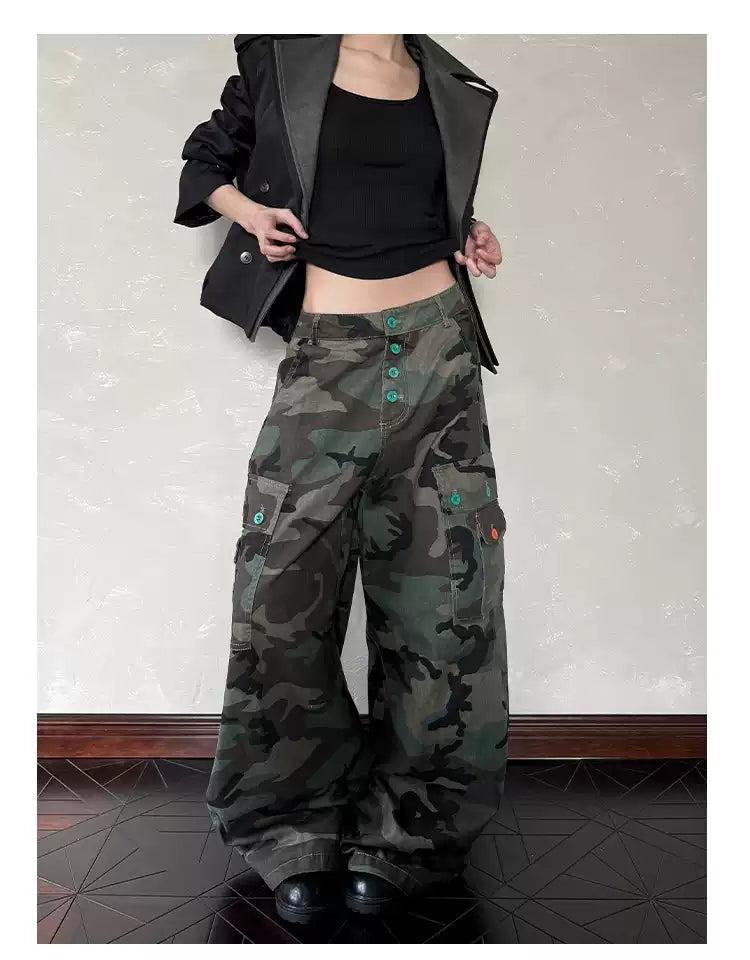 Contrast Button-Down Camo Cargo Pants Korean Street Fashion Pants By A PUEE Shop Online at OH Vault
