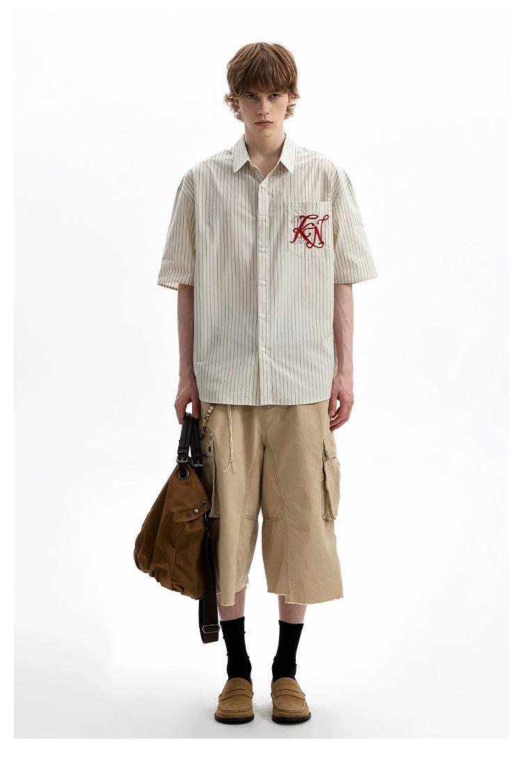 Embroidered Pocket Striped Shirt Korean Street Fashion Shirt By A PUEE Shop Online at OH Vault