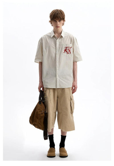 Embroidered Pocket Striped Shirt Korean Street Fashion Shirt By A PUEE Shop Online at OH Vault