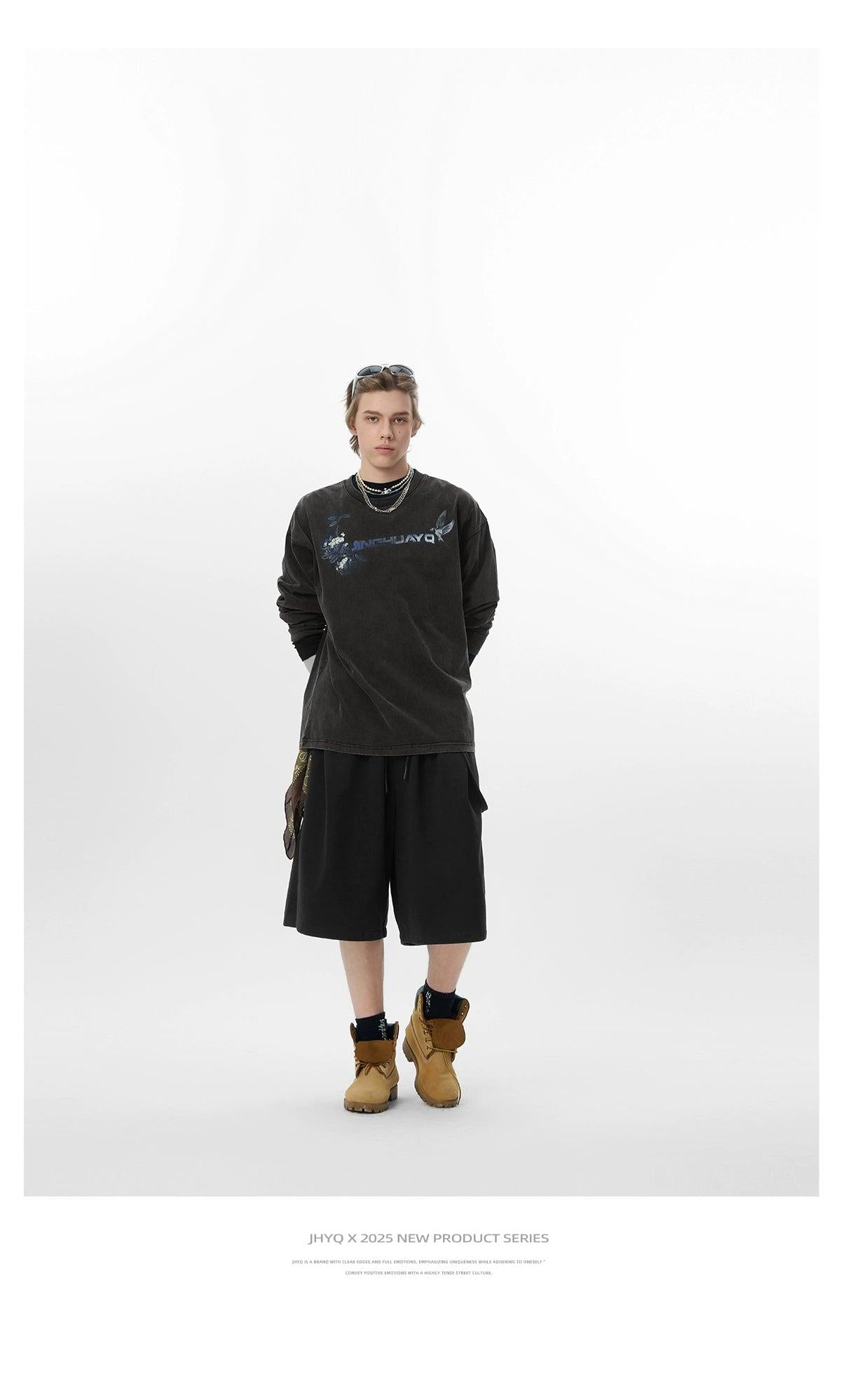 Washed Graphic Print Crewneck Korean Street Fashion Crewneck By JHYQ Shop Online at OH Vault