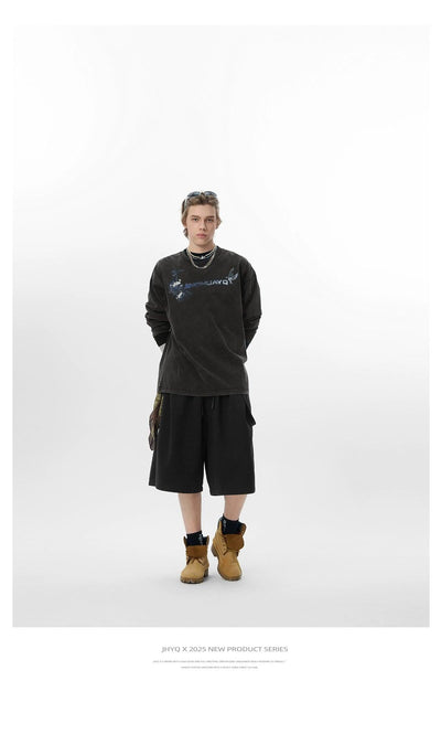 Washed Graphic Print Crewneck Korean Street Fashion Crewneck By JHYQ Shop Online at OH Vault