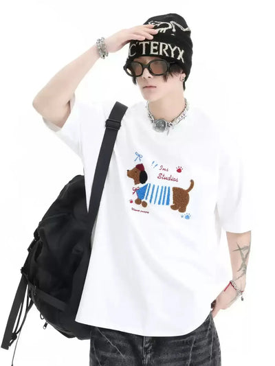 Dachshund Towel Embroidery T-Shirt Korean Street Fashion T-Shirt By INS Korea Shop Online at OH Vault