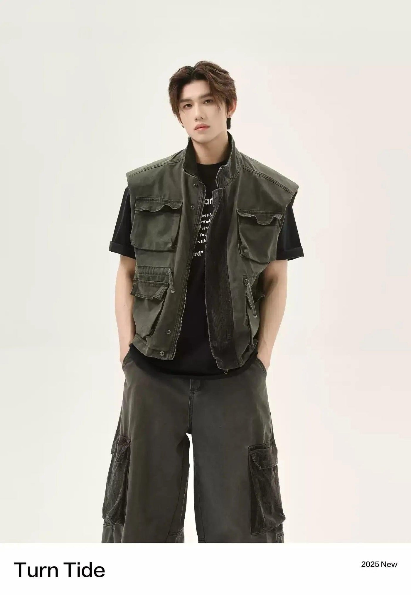 Washed Pocket Detail Denim Vest & Loose Fit Cargo Pants Set Korean Street Fashion Clothing Set By Turn Tide Shop Online at OH Vault