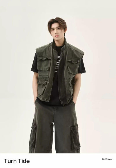 Washed Pocket Detail Denim Vest & Loose Fit Cargo Pants Set Korean Street Fashion Clothing Set By Turn Tide Shop Online at OH Vault