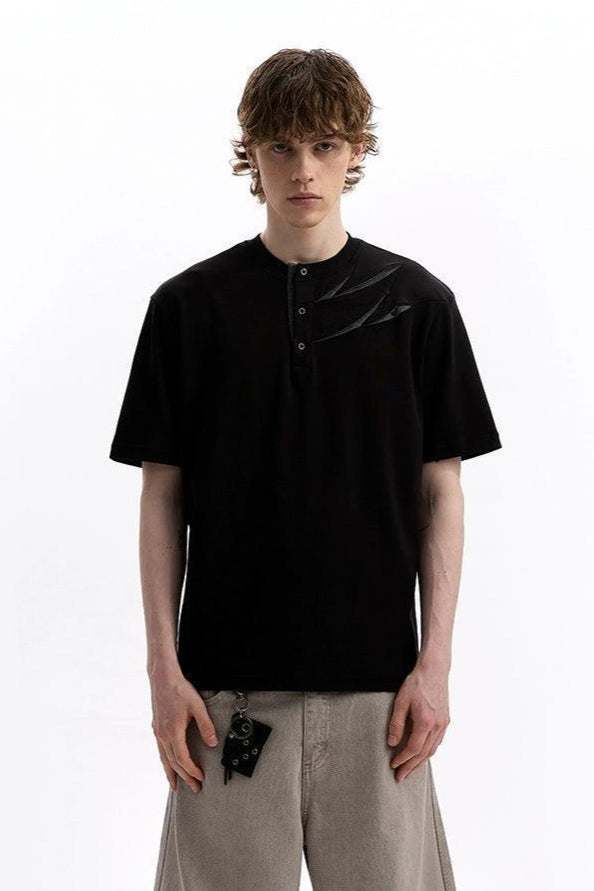 Structure Pleated Henley Collar T-Shirt Korean Street Fashion T-Shirt By A PUEE Shop Online at OH Vault