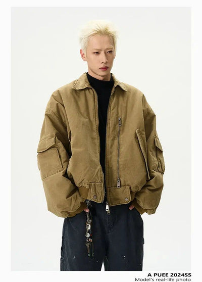 Faded Zipped Pocket Short Jacket Korean Street Fashion Jacket By A PUEE Shop Online at OH Vault