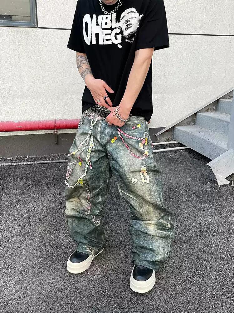 Colorful Chain Loose Fit Jeans Korean Street Fashion Jeans By Dark Fog Shop Online at OH Vault