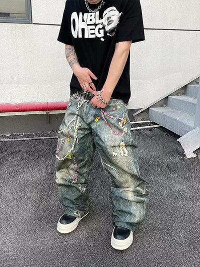 Colorful Chain Loose Fit Jeans Korean Street Fashion Jeans By Dark Fog Shop Online at OH Vault
