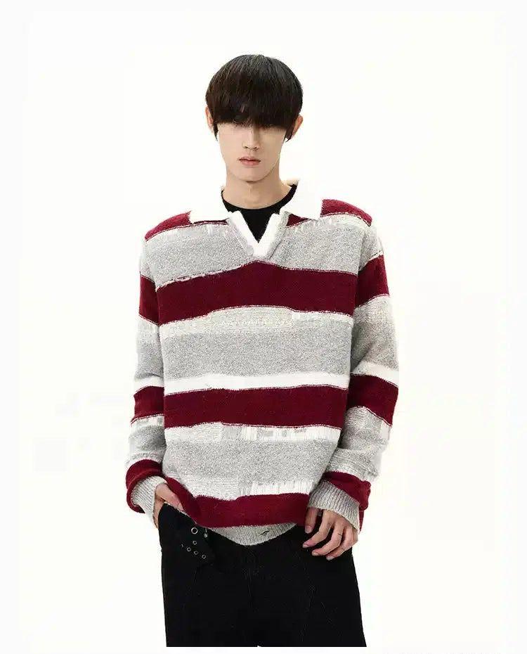 Contrast Striped Collared V-Neck Sweater Korean Street Fashion Sweater By A PUEE Shop Online at OH Vault