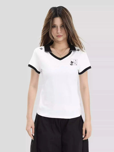 Embroidered Logo Contrast Collar T-Shirt Korean Street Fashion T-Shirt By INS Korea Shop Online at OH Vault