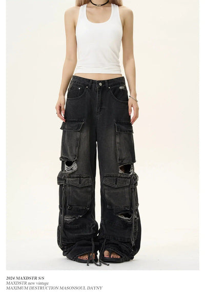 Ripped Hole Fuzzy Seam Cargo Jeans Korean Street Fashion Jeans By MaxDstr Shop Online at OH Vault