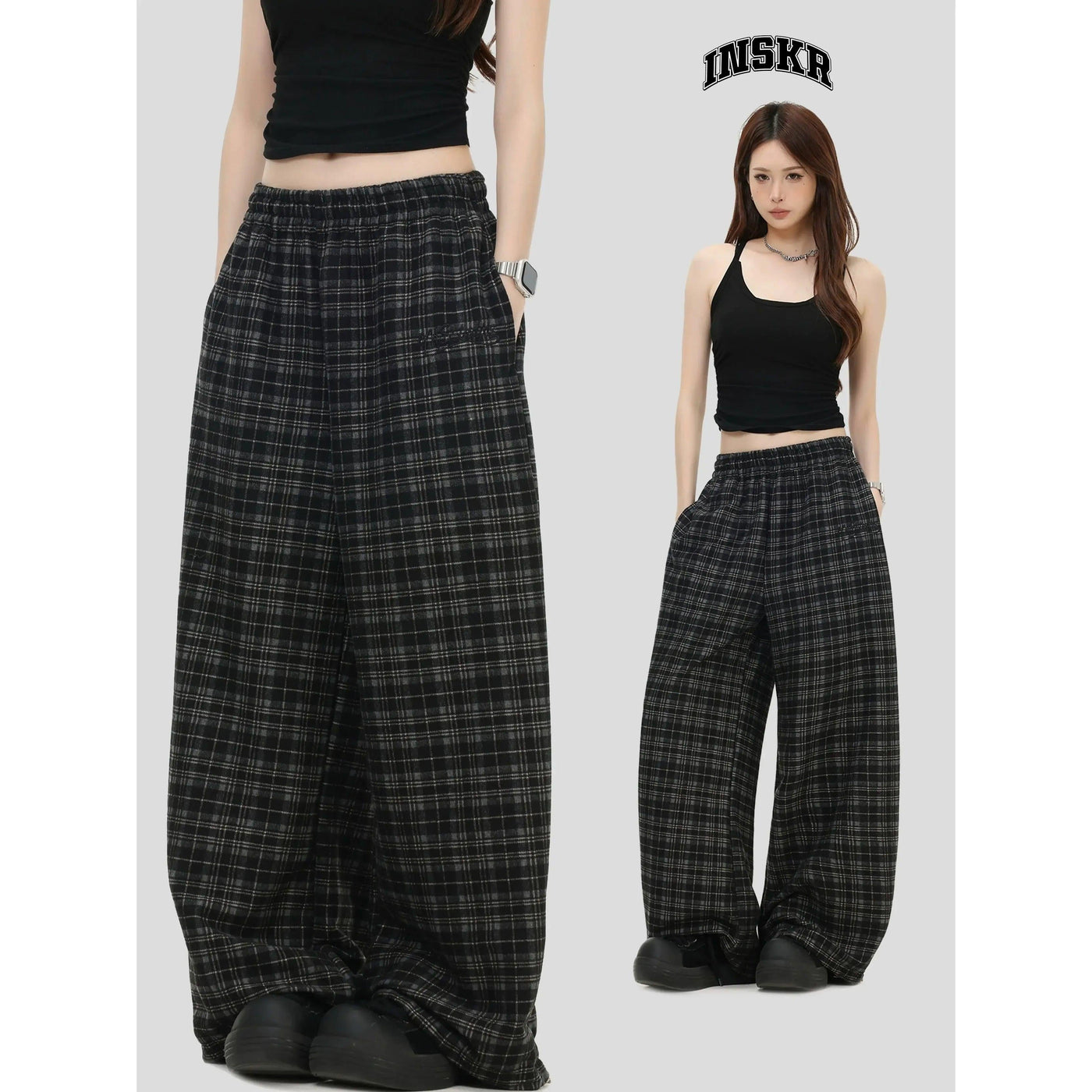 Plaid Pattern Gartered Pants Korean Street Fashion Pants By INS Korea Shop Online at OH Vault