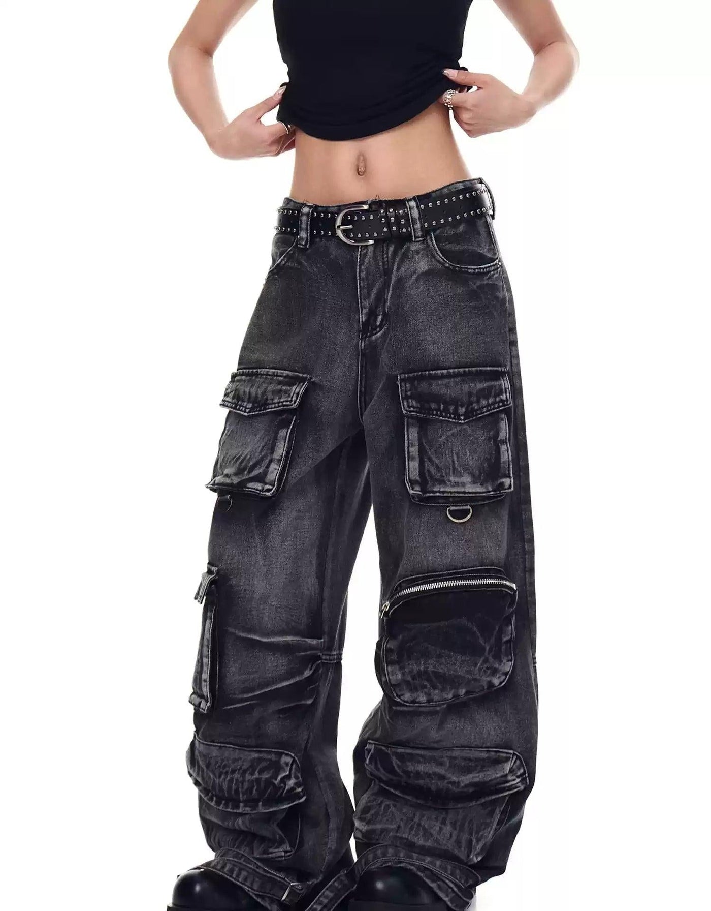 Functional Washed Cargo Jeans Korean Street Fashion Jeans By Blacklists Shop Online at OH Vault