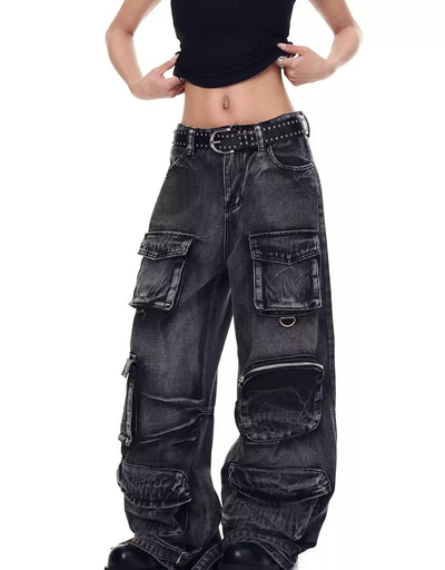 Functional Washed Cargo Jeans Korean Street Fashion Jeans By Blacklists Shop Online at OH Vault