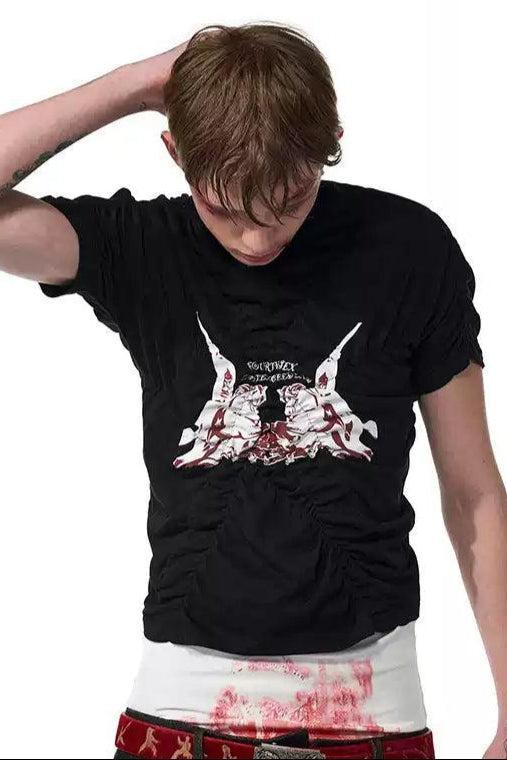 Graphic Print Ruched Lines T-Shirt Korean Street Fashion T-Shirt By Slim Black Shop Online at OH Vault