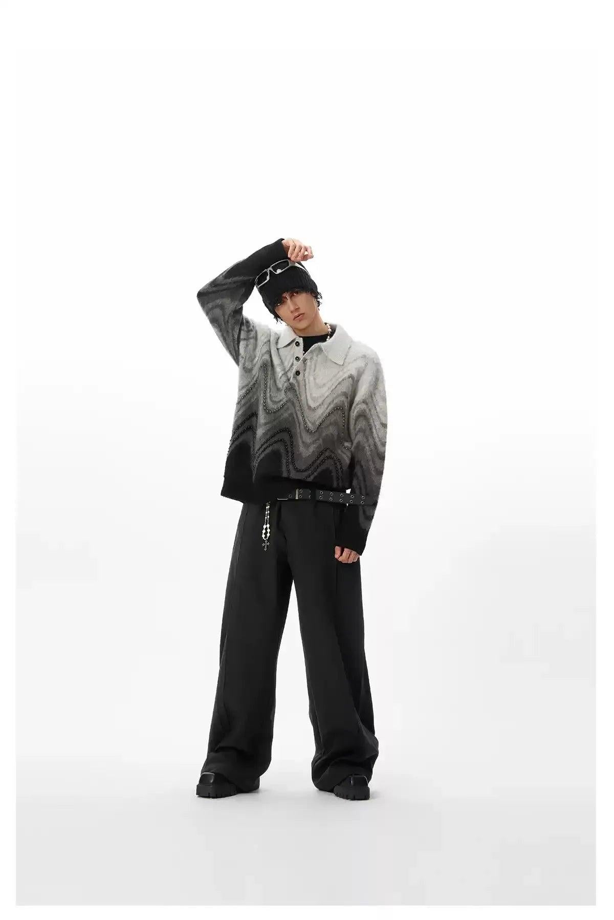 Wave Pattern Beaded Polo Sweater Korean Street Fashion Sweater By JHYQ Shop Online at OH Vault