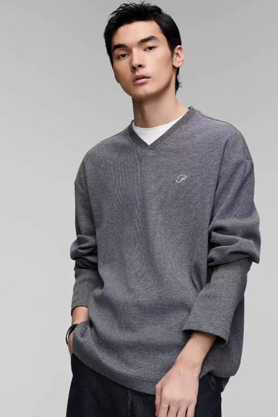 Textured V-Neck Long Sleeve T-Shirt Korean Street Fashion T-Shirt By Opicloth Shop Online at OH Vault