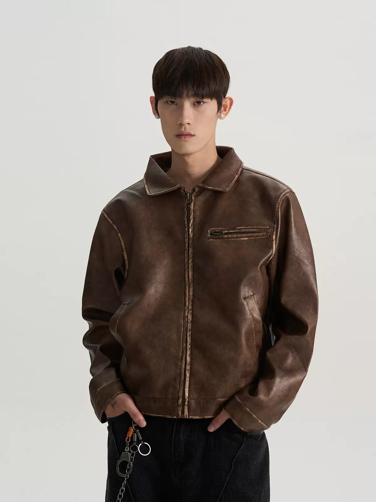 Smudged Lines Boxy Faux Leather Jacket Korean Street Fashion Jacket By A PUEE Shop Online at OH Vault