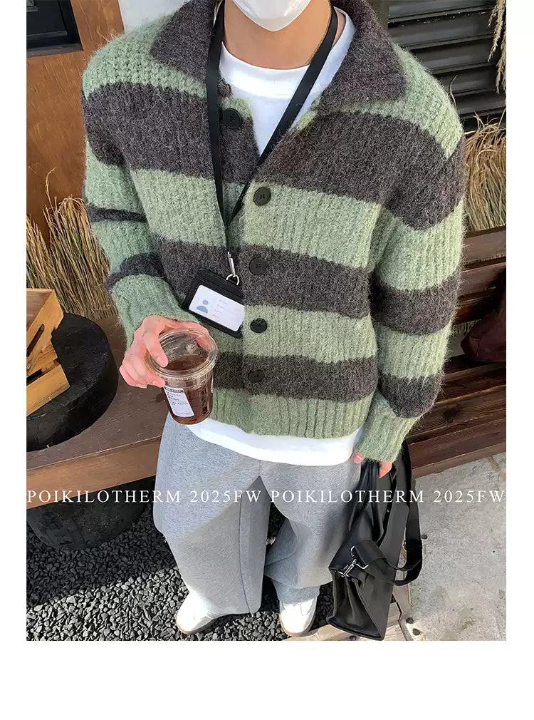Fuzzy Knit Striped Cardigan Korean Street Fashion Cardigan By Poikilotherm Shop Online at OH Vault
