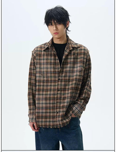 Ripped Raw Hem Plaid Shirt Korean Street Fashion Shirt By 77Flight Shop Online at OH Vault