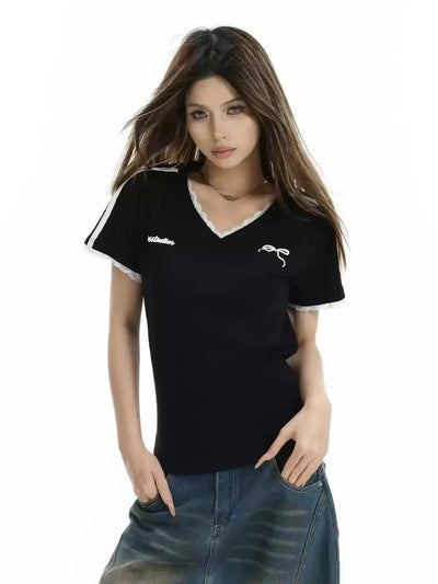 Lace Stitched Slim Fit V-Neck T-Shirt Korean Street Fashion T-Shirt By INS Korea Shop Online at OH Vault