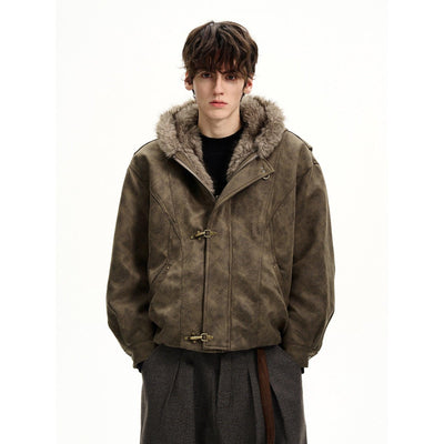 Fur Trim Hood Fireman Clasp Micro Suede Jacket Korean Street Fashion Jacket By MaxDstr Shop Online at OH Vault