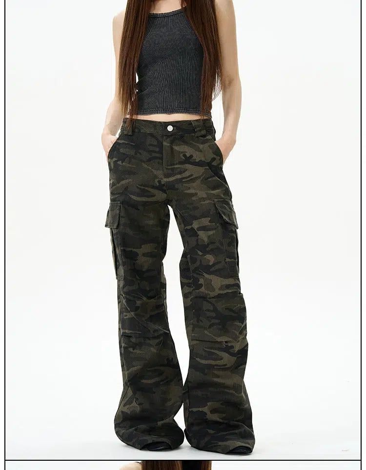 Dark Camouflage Flared Cargo Pants Korean Street Fashion Pants By 77Flight Shop Online at OH Vault