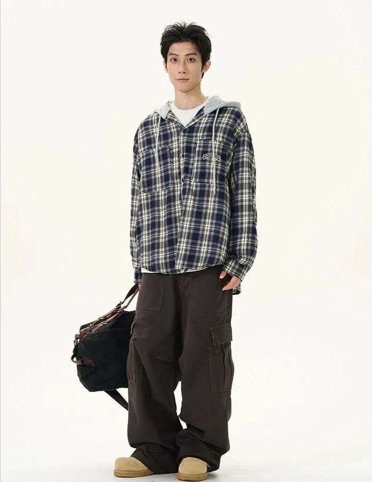 Drawcord Plaid Hooded Shirt Korean Street Fashion Shirt By 77Flight Shop Online at OH Vault