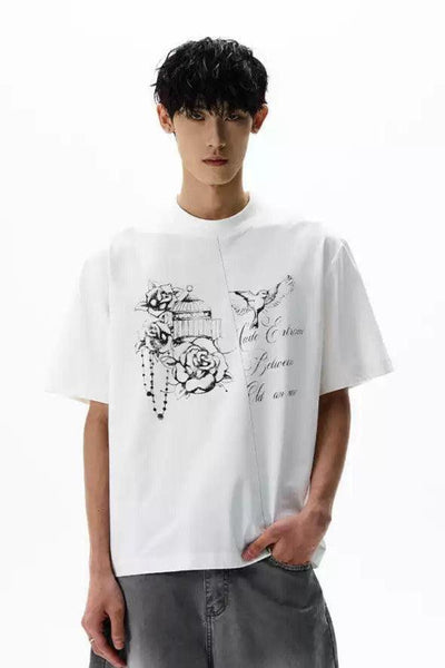 Rose and Birds Sketch T-Shirt Korean Street Fashion T-Shirt By A PUEE Shop Online at OH Vault