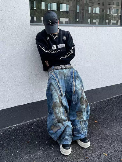 Stitched Stain Baggy Fit Jeans Korean Street Fashion Jeans By Dark Fog Shop Online at OH Vault