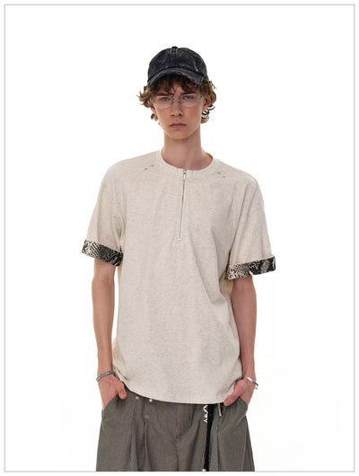 Contrast Spliced Sleeve Half-Zipped T-Shirt Korean Street Fashion T-Shirt By Mr Nearly Shop Online at OH Vault