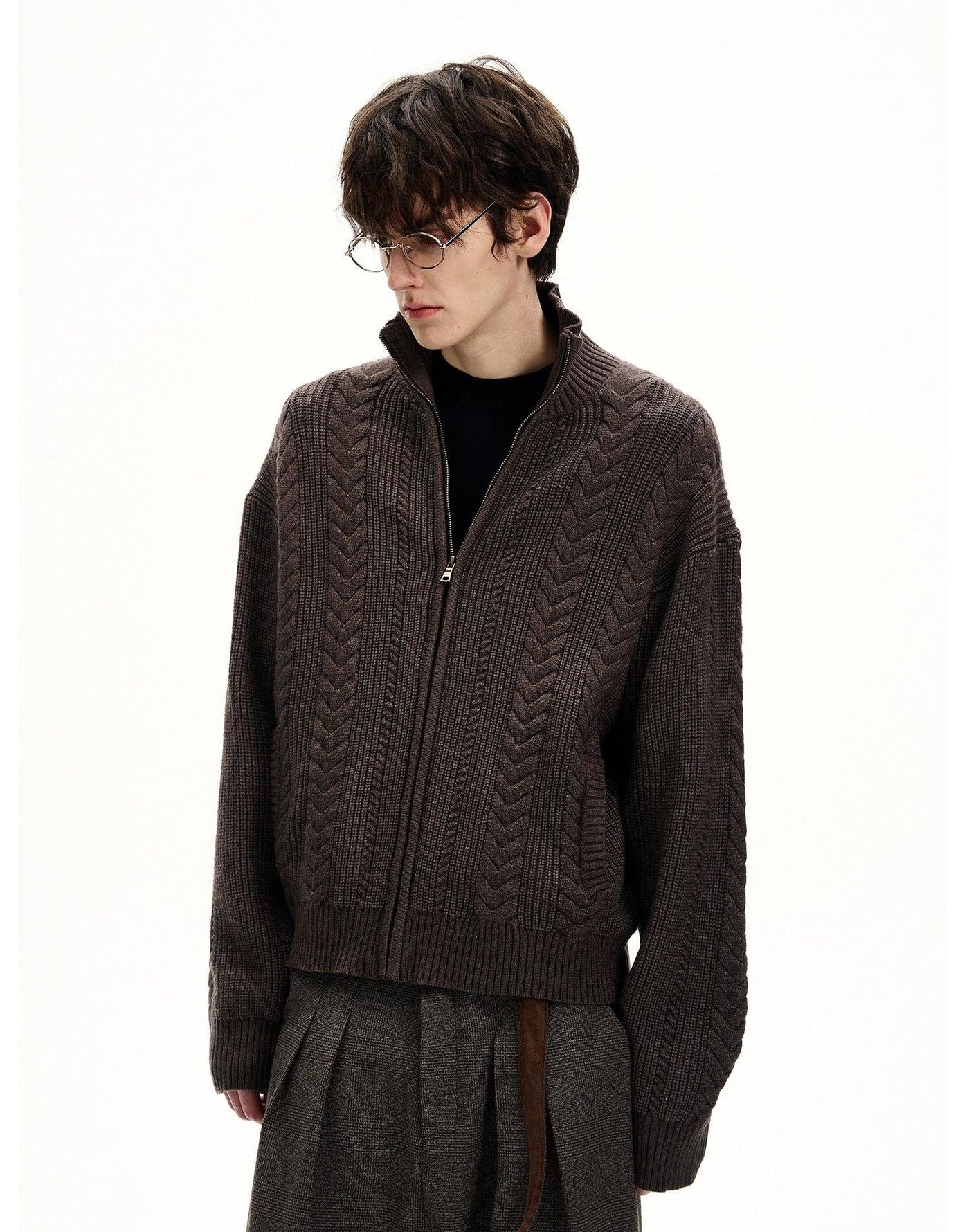 Stand Collar Cable Knit Zipped Jacket Korean Street Fashion Jacket By MaxDstr Shop Online at OH Vault