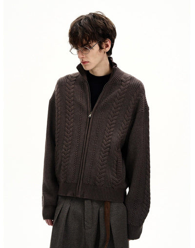 Stand Collar Cable Knit Zipped Jacket Korean Street Fashion Jacket By MaxDstr Shop Online at OH Vault