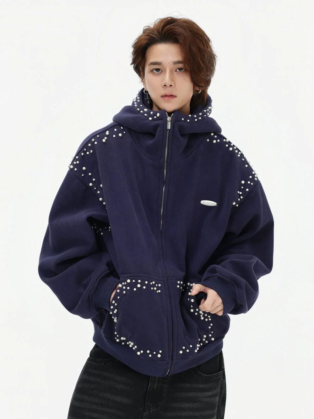 Pearled Outline Zip-Up Hoodie Korean Street Fashion Hoodie By INS Korea Shop Online at OH Vault