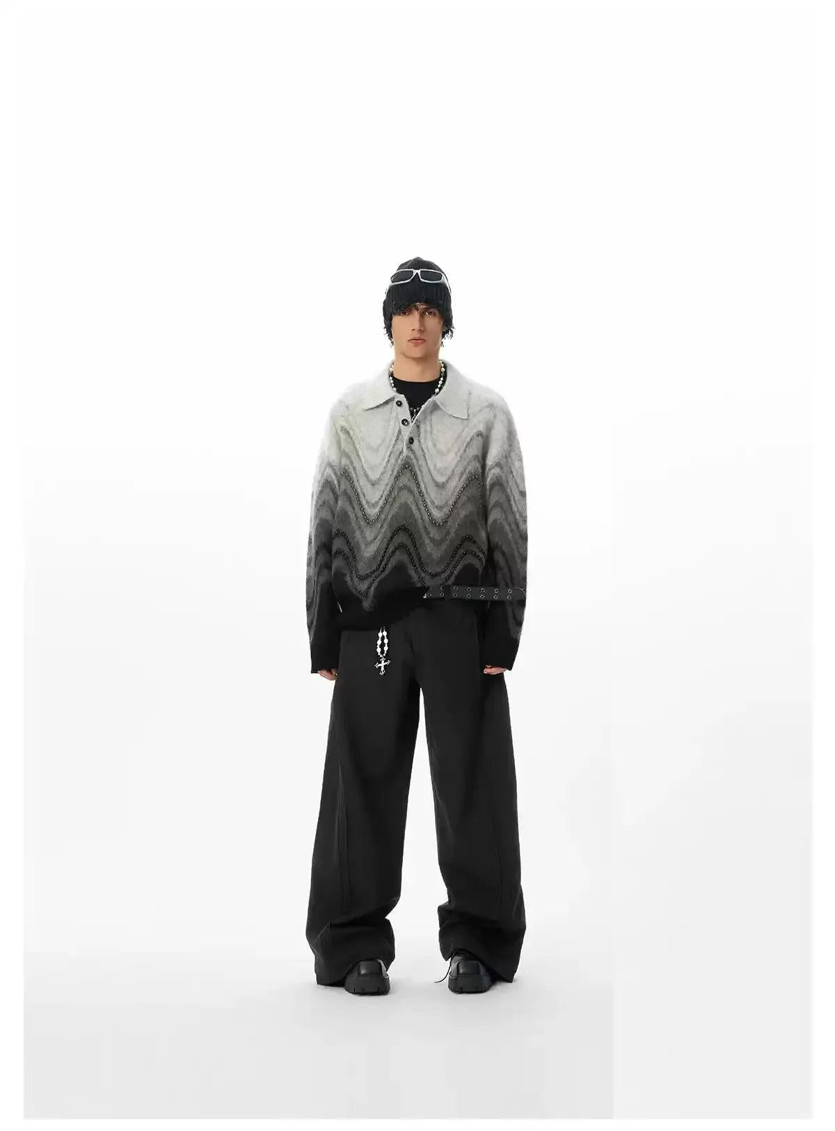 Wave Pattern Beaded Polo Sweater Korean Street Fashion Sweater By JHYQ Shop Online at OH Vault