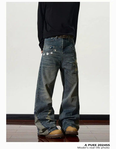 Metallic Ripped Flared Jeans Korean Street Fashion Jeans By A PUEE Shop Online at OH Vault