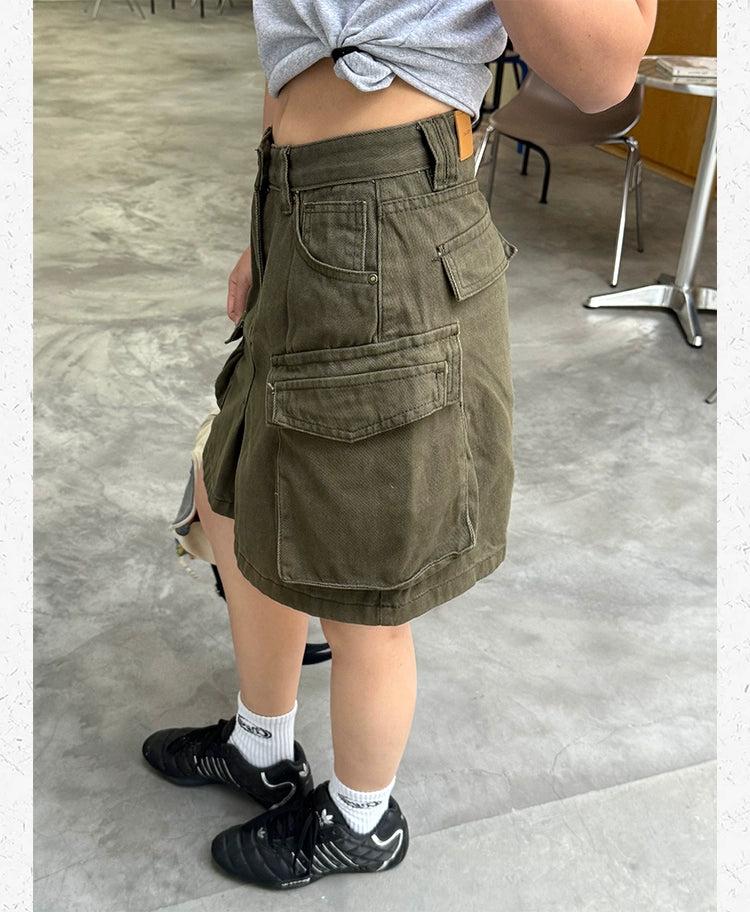 Multi-Pocket Cargo Denim Skirt Korean Street Fashion Skirt By Made Extreme Shop Online at OH Vault